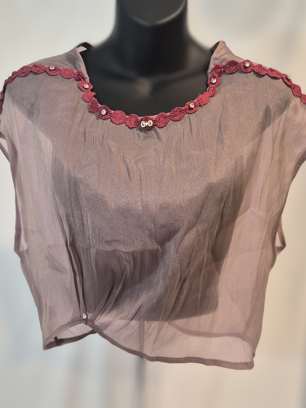 Vintage‎ Y2K Sheer Mauve Blouse Crochet Lace Rhinestone Detail Coquette XL